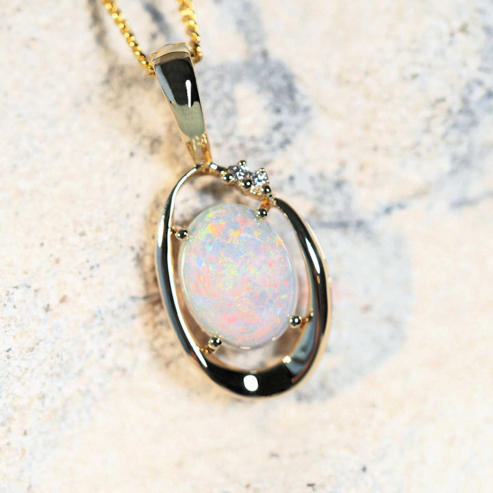 Liora – 14 Carat Gold White Opal Pendant (With Diamonds)