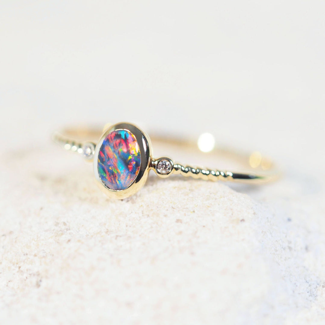 Viora – 14 Carat Gold Multicolor Black Opal Ring (with Diamonds)