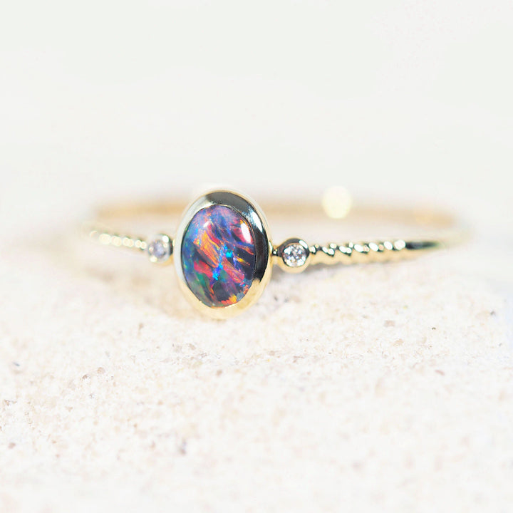 Viora – 14 Carat Gold Multicolor Black Opal Ring (with Diamonds)