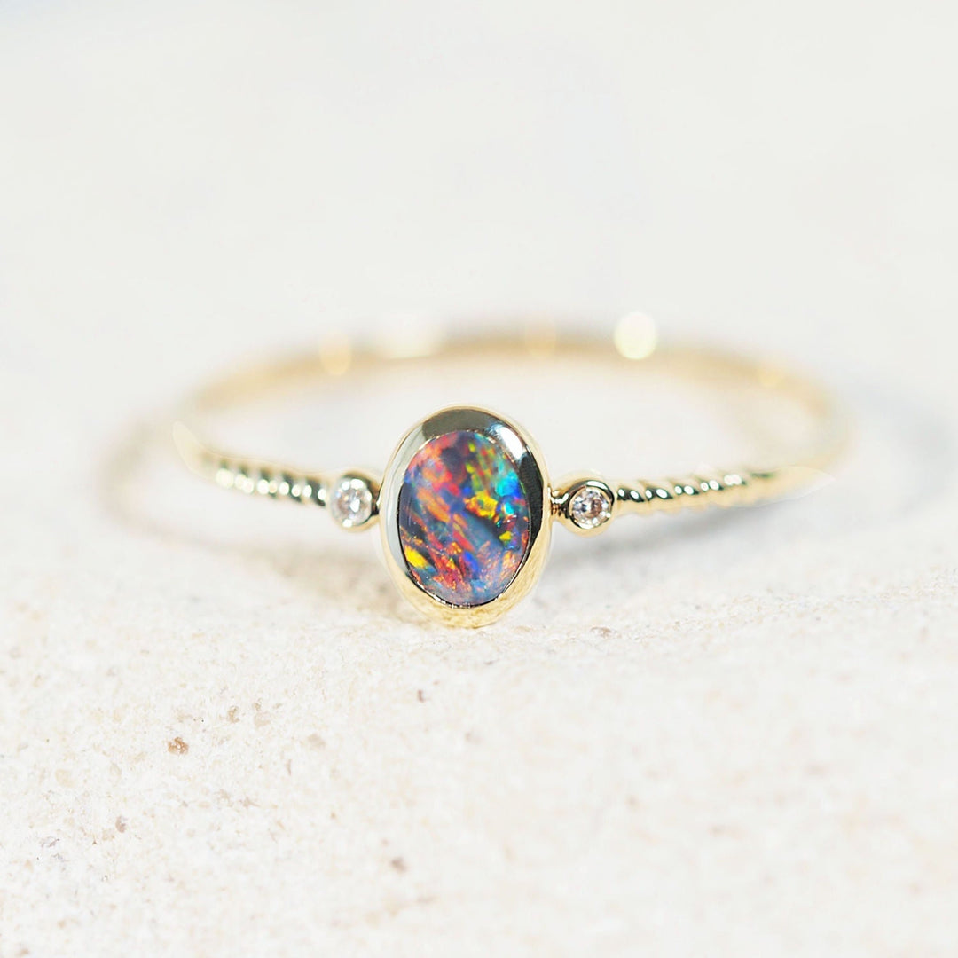 Viora – 14 Carat Gold Multicolor Black Opal Ring (with Diamonds)