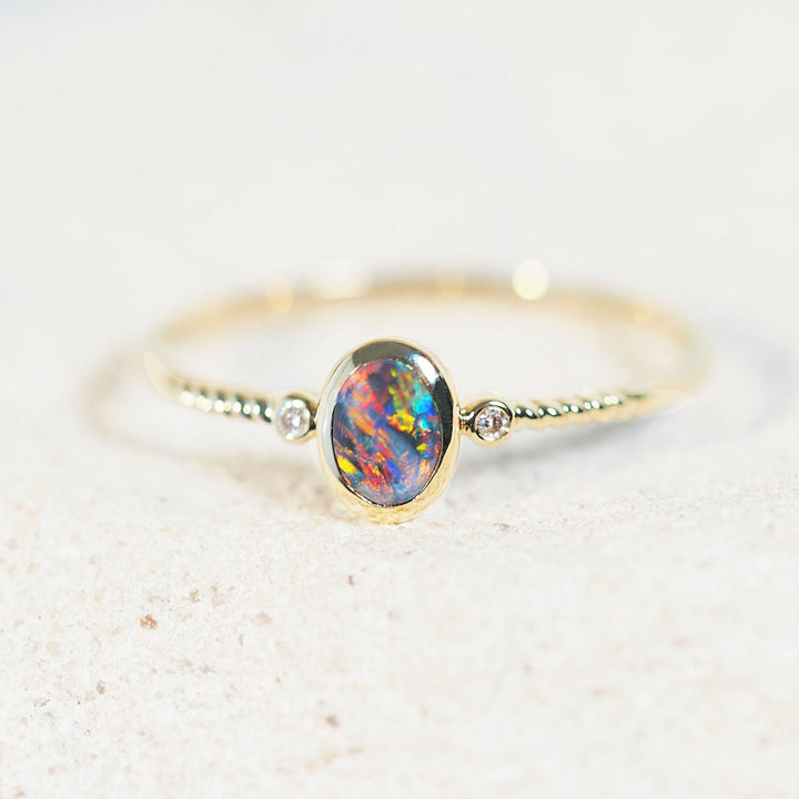 Viora – 14 Carat Gold Multicolor Black Opal Ring (with Diamonds)