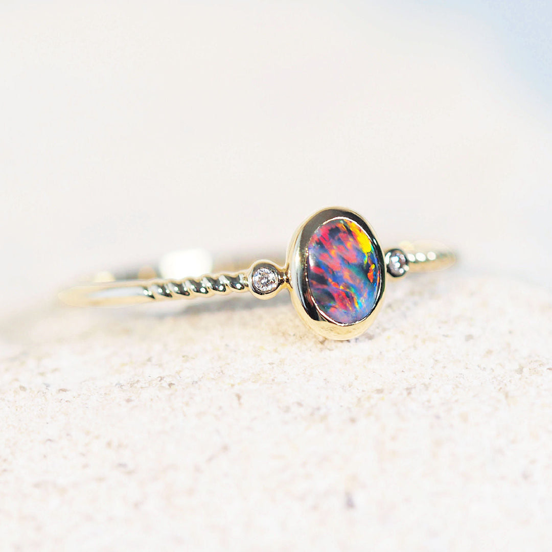 Viora – 14 Carat Gold Multicolor Black Opal Ring (with Diamonds)
