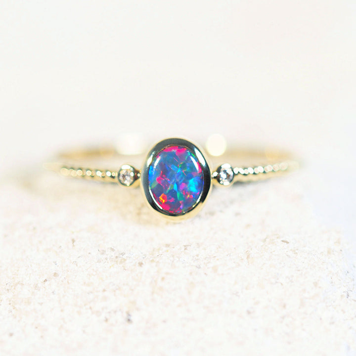 Lyra – 14 Carat Gold Multicolor Black Opal Ring (With Diamonds)