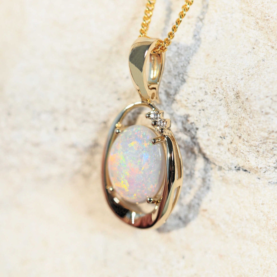 Liora – 14 Carat Gold White Opal Pendant (With Diamonds)